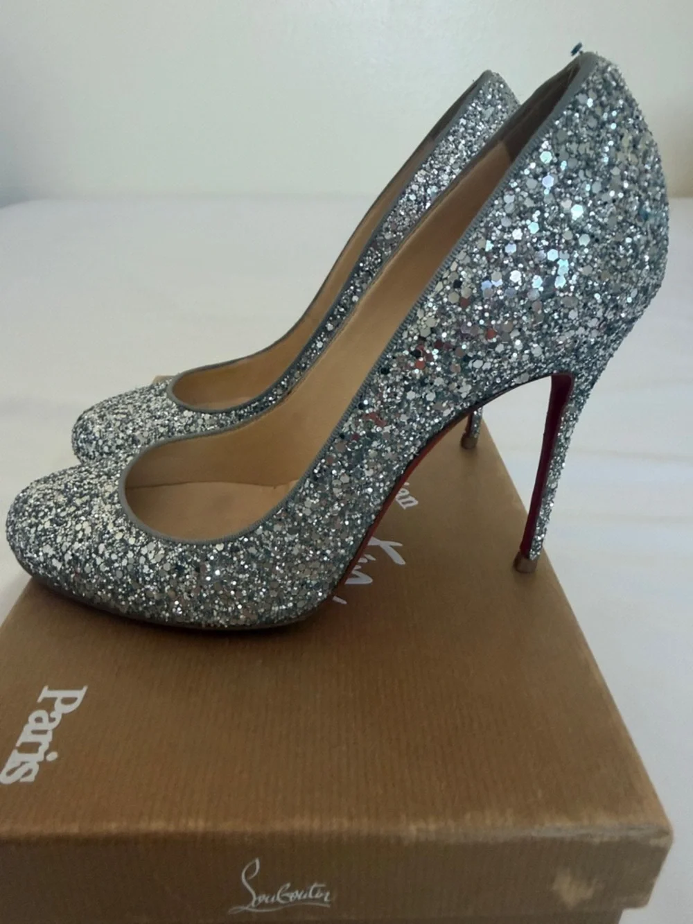 Christian Louboutin Silver Glitter Round-Toe Pumps - Picture 6 of 10